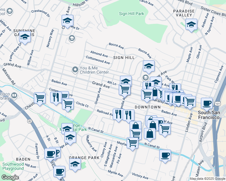 map of restaurants, bars, coffee shops, grocery stores, and more near 631 Grand Avenue in South San Francisco