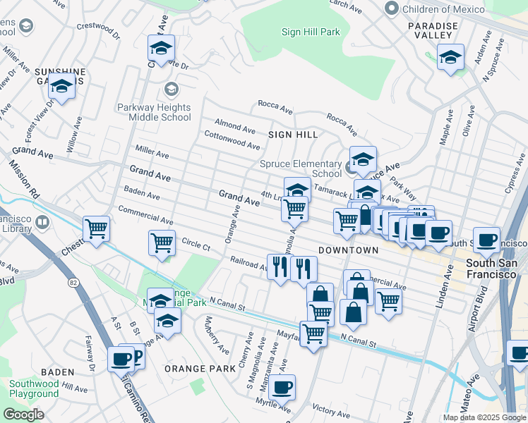 map of restaurants, bars, coffee shops, grocery stores, and more near 631 Grand Avenue in South San Francisco