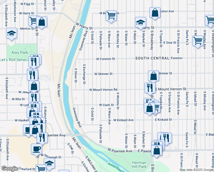 map of restaurants, bars, coffee shops, grocery stores, and more near 1936 South Palisade Street in Wichita