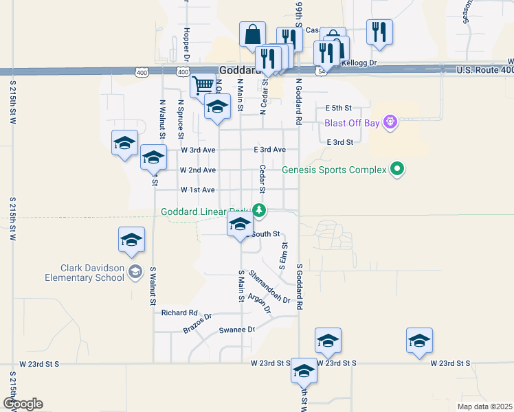 map of restaurants, bars, coffee shops, grocery stores, and more near 108 Cedar Street in Goddard