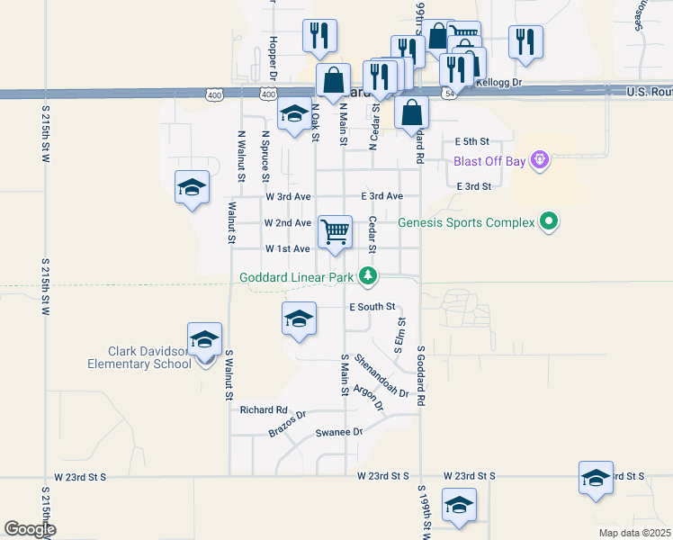 map of restaurants, bars, coffee shops, grocery stores, and more near 109 North Main Street in Goddard
