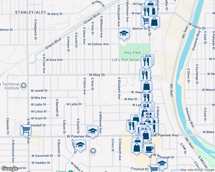 map of restaurants, bars, coffee shops, grocery stores, and more near 1615 West May Street in Wichita