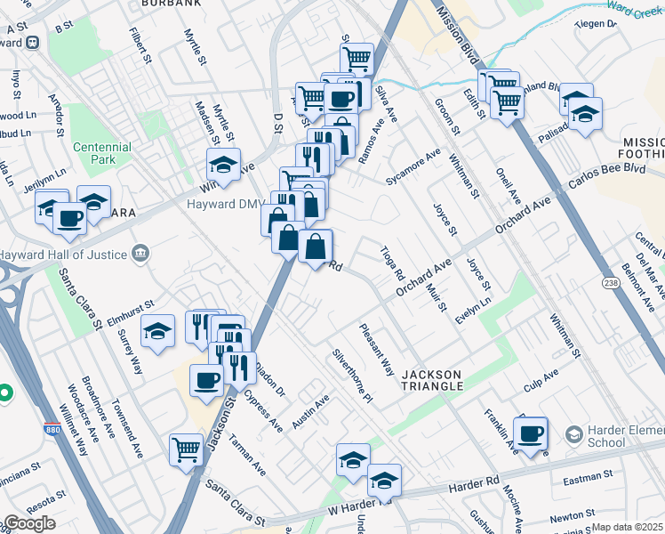 map of restaurants, bars, coffee shops, grocery stores, and more near 24629 Soto Road in Hayward