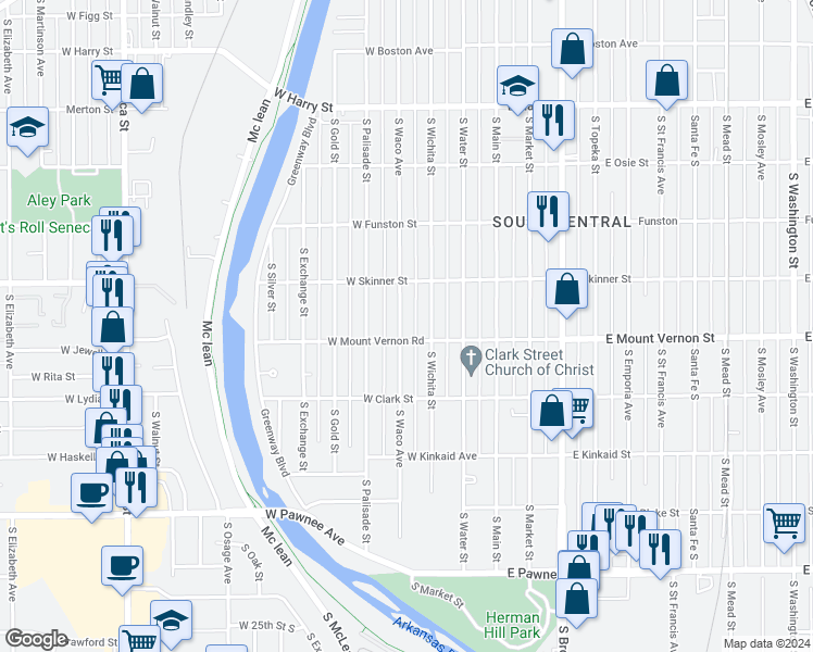 map of restaurants, bars, coffee shops, grocery stores, and more near 1950 South Waco Avenue in Wichita