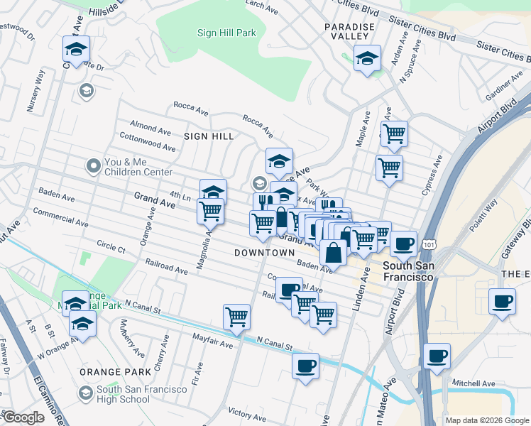 map of restaurants, bars, coffee shops, grocery stores, and more near 515 Miller Avenue in South San Francisco
