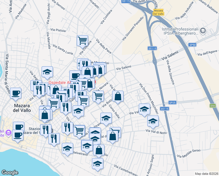map of restaurants, bars, coffee shops, grocery stores, and more near 58 Via Livorno in Mazara del Vallo