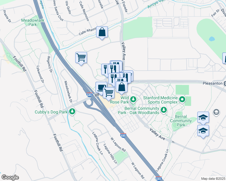 map of restaurants, bars, coffee shops, grocery stores, and more near 6778 Bernal Avenue in Pleasanton