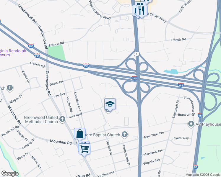 map of restaurants, bars, coffee shops, grocery stores, and more near 1312 Berrymeade Avenue in Glen Allen