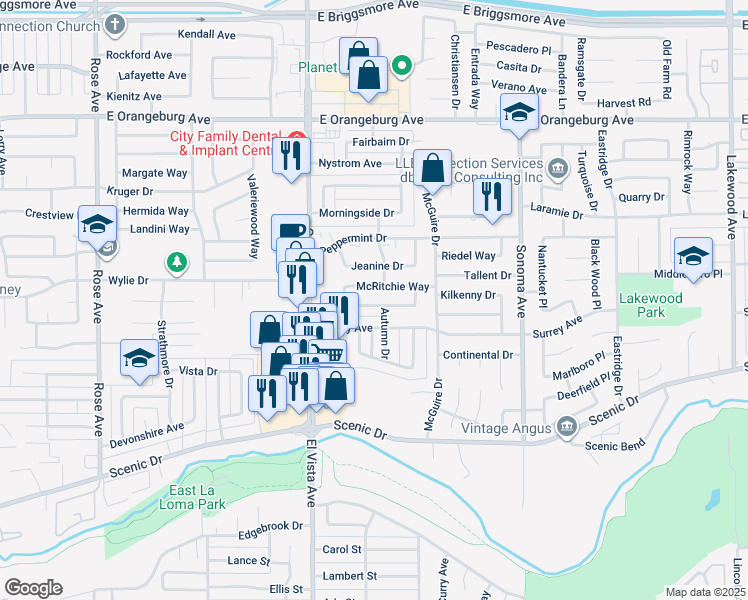 map of restaurants, bars, coffee shops, grocery stores, and more near 2309 Brockway Drive in Modesto