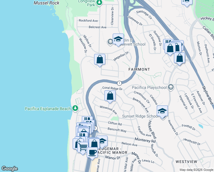 map of restaurants, bars, coffee shops, grocery stores, and more near 373 Coral Ridge Drive in Pacifica