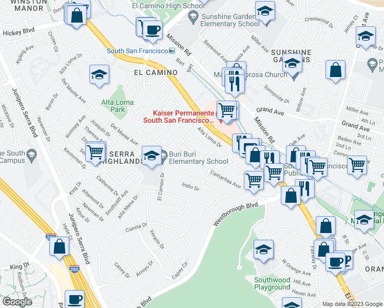 map of restaurants, bars, coffee shops, grocery stores, and more near 219 Carmelo Lane in South San Francisco