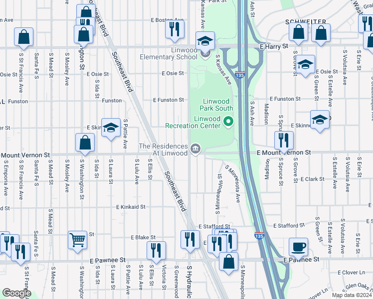 map of restaurants, bars, coffee shops, grocery stores, and more near 1953 South Hydraulic Avenue in Wichita