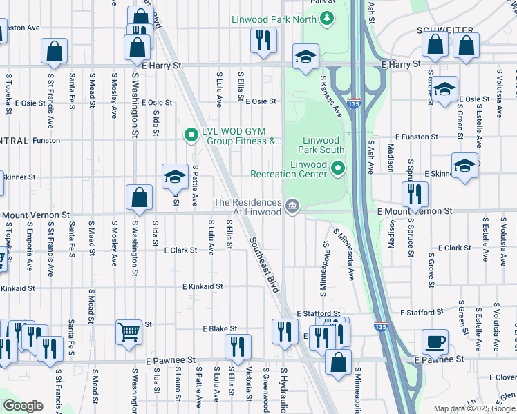 map of restaurants, bars, coffee shops, grocery stores, and more near 1953 Greenwood in Wichita