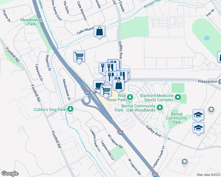 map of restaurants, bars, coffee shops, grocery stores, and more near 6790 Bernal Ave in Pleasanton
