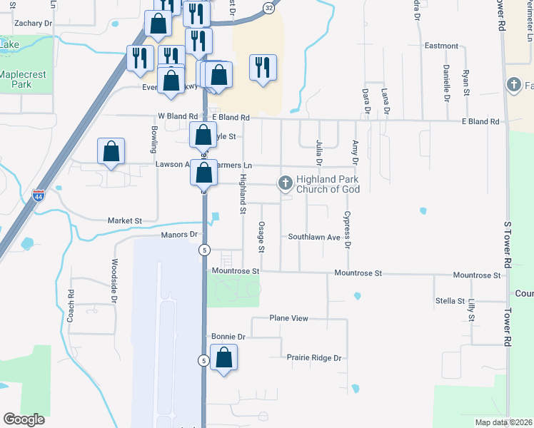 map of restaurants, bars, coffee shops, grocery stores, and more near 2018 Osage Street in Lebanon