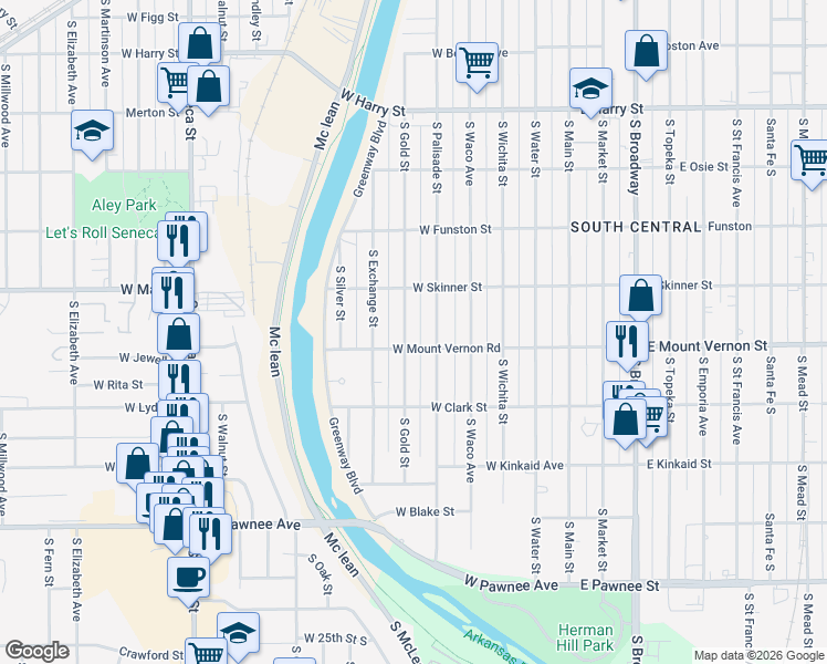 map of restaurants, bars, coffee shops, grocery stores, and more near 1940 South Gold Street in Wichita