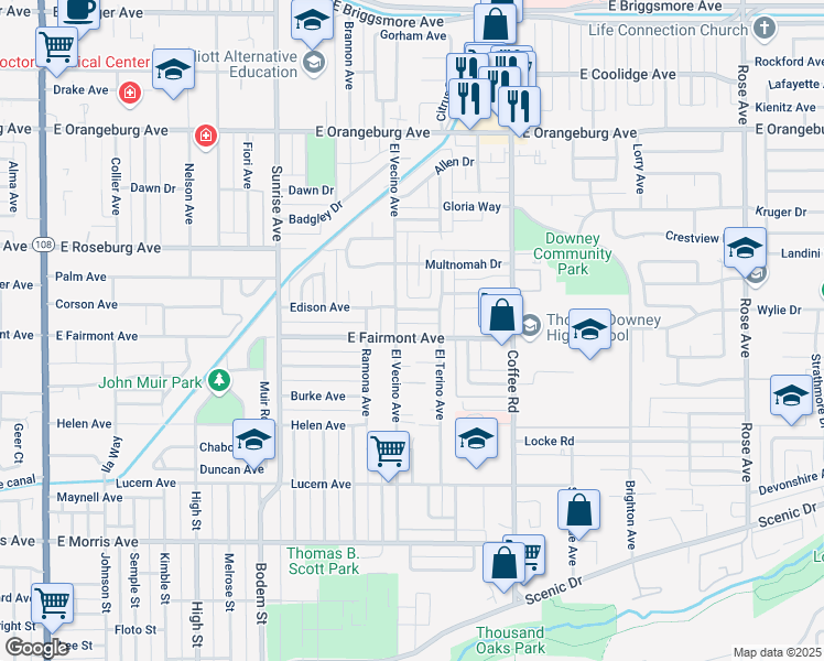 map of restaurants, bars, coffee shops, grocery stores, and more near 1109 East Fairmont Avenue in Modesto