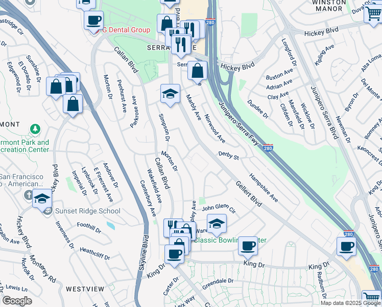 map of restaurants, bars, coffee shops, grocery stores, and more near 59 Margate Street in Daly City