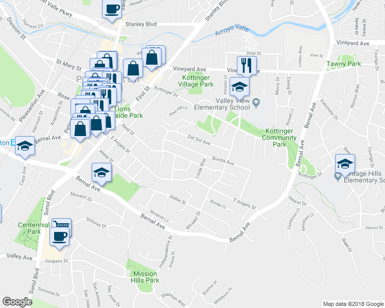 map of restaurants, bars, coffee shops, grocery stores, and more near 553 Bonita Avenue in Pleasanton