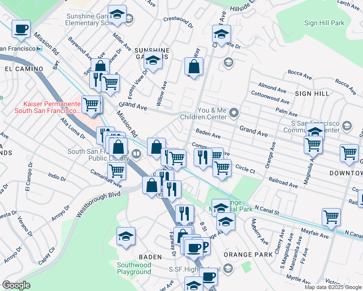 map of restaurants, bars, coffee shops, grocery stores, and more near 89 Chestnut Avenue in South San Francisco