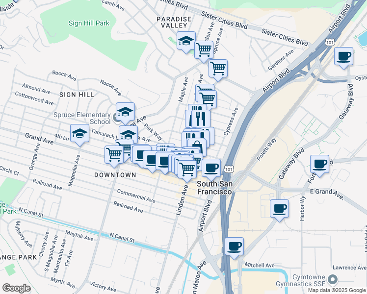 map of restaurants, bars, coffee shops, grocery stores, and more near 324 Lux Avenue in South San Francisco