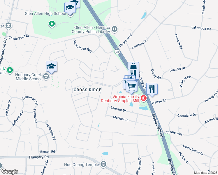 map of restaurants, bars, coffee shops, grocery stores, and more near 3489 Fitchetts Lane in Glen Allen