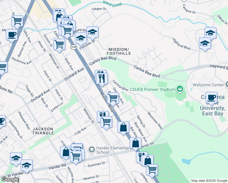 map of restaurants, bars, coffee shops, grocery stores, and more near 25269 Del Mar Avenue in Hayward
