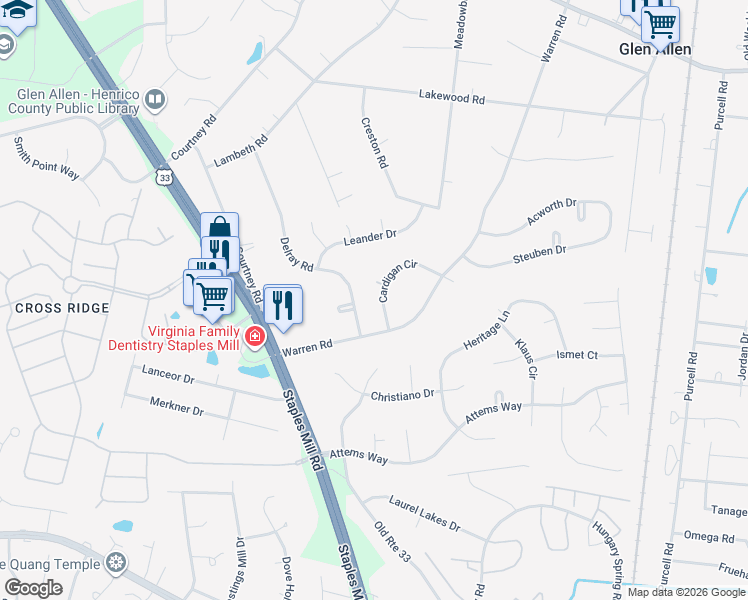 map of restaurants, bars, coffee shops, grocery stores, and more near 10306 Cardigan Circle in Glen Allen