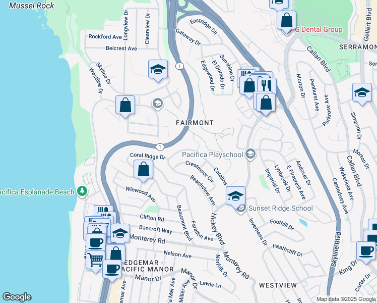 map of restaurants, bars, coffee shops, grocery stores, and more near 156 Catalina Avenue in Pacifica
