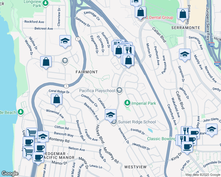 map of restaurants, bars, coffee shops, grocery stores, and more near 631 Parkview Circle in Pacifica