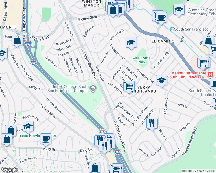 map of restaurants, bars, coffee shops, grocery stores, and more near 648 Newman Drive in South San Francisco