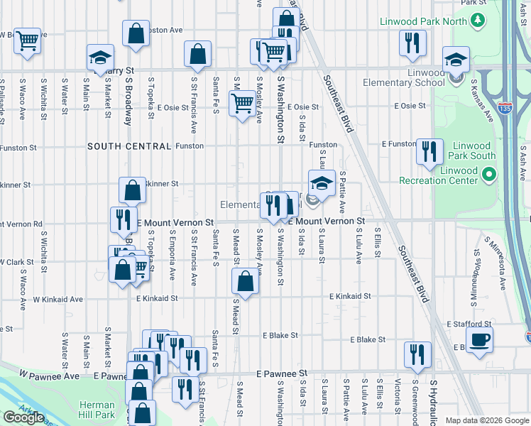 map of restaurants, bars, coffee shops, grocery stores, and more near 1950 South Mosley Street in Wichita