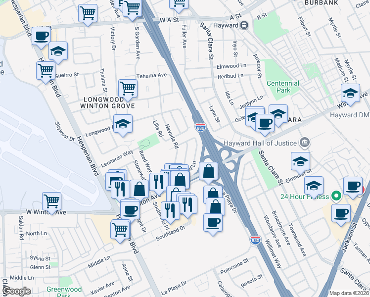 map of restaurants, bars, coffee shops, grocery stores, and more near 617 Quincy Way in Hayward