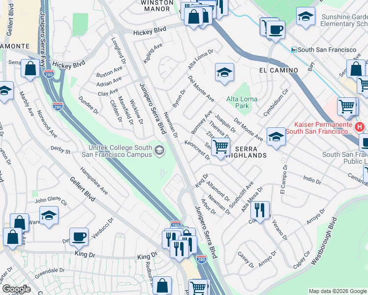 map of restaurants, bars, coffee shops, grocery stores, and more near 648 Newman Drive in South San Francisco