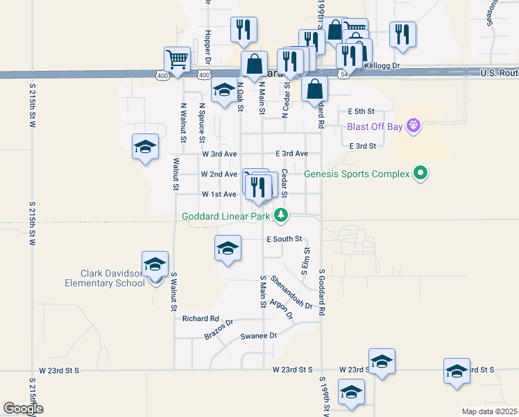 map of restaurants, bars, coffee shops, grocery stores, and more near 109 North Main Street in Goddard