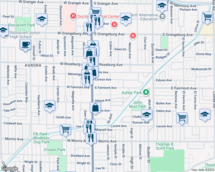 map of restaurants, bars, coffee shops, grocery stores, and more near 129 West Fairmont Avenue in Modesto
