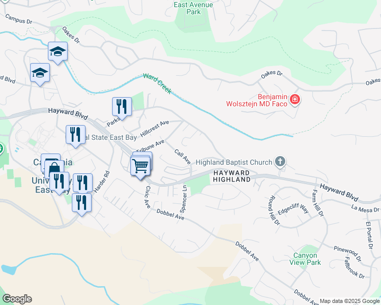 map of restaurants, bars, coffee shops, grocery stores, and more near 26970 Call Avenue in Hayward
