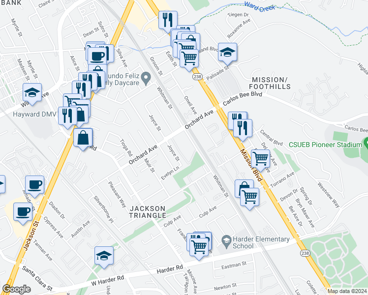 map of restaurants, bars, coffee shops, grocery stores, and more near 24944 Joyce Street in Hayward