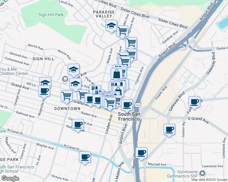 map of restaurants, bars, coffee shops, grocery stores, and more near 324 Lux Avenue in South San Francisco