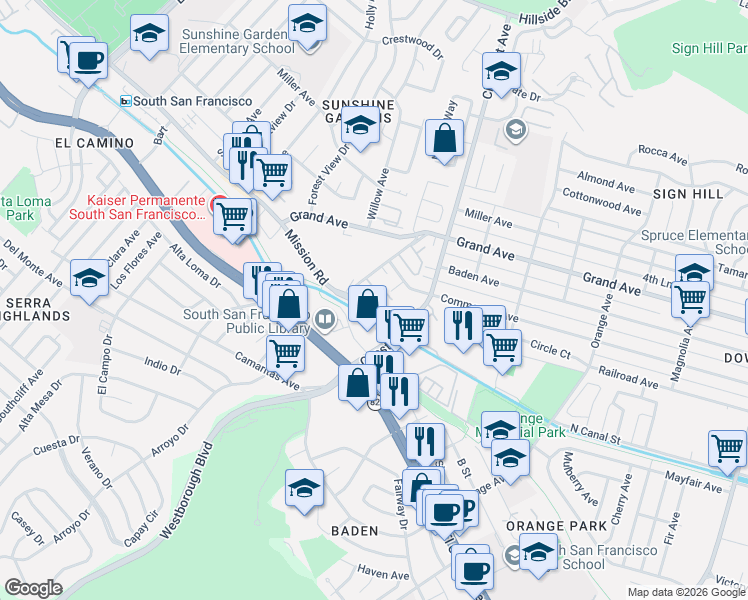 map of restaurants, bars, coffee shops, grocery stores, and more near 930 Mission Road in South San Francisco