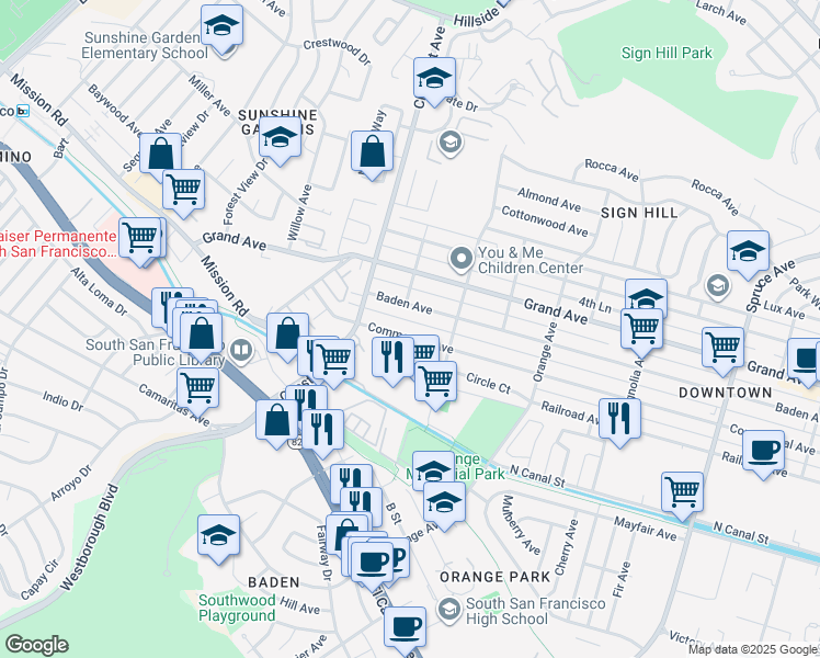 map of restaurants, bars, coffee shops, grocery stores, and more near 831 2nd Lane in South San Francisco