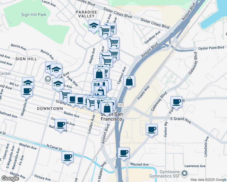 map of restaurants, bars, coffee shops, grocery stores, and more near 203 California Avenue in South San Francisco