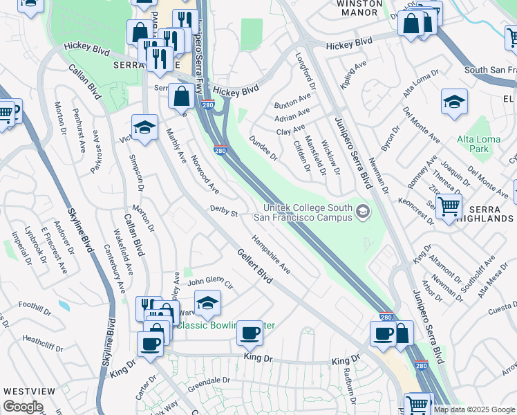 map of restaurants, bars, coffee shops, grocery stores, and more near 289 Barbara Lane in Daly City