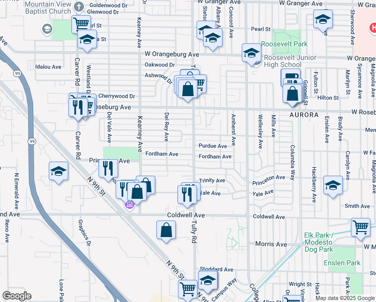 map of restaurants, bars, coffee shops, grocery stores, and more near 1307 Fordham Avenue in Modesto