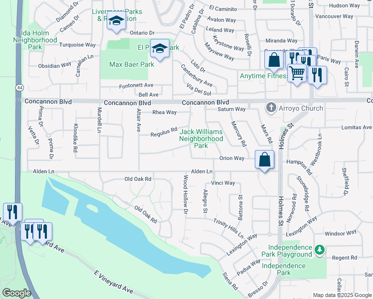 map of restaurants, bars, coffee shops, grocery stores, and more near 581 Lagrange Lane in Livermore