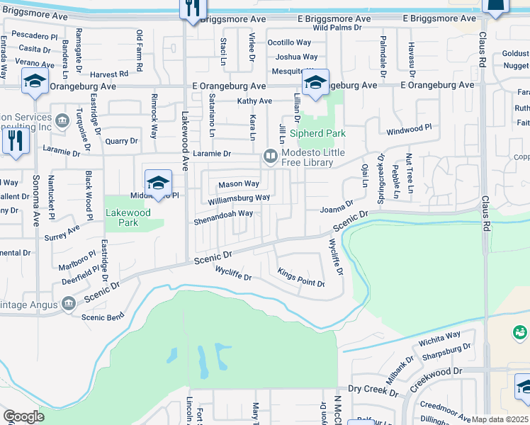 map of restaurants, bars, coffee shops, grocery stores, and more near 1020 Clarksburg Way in Modesto