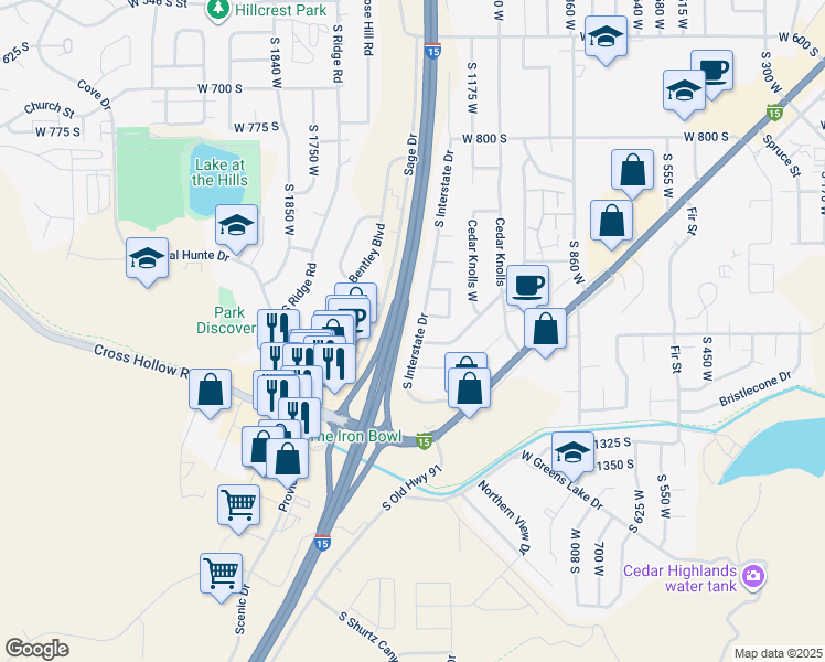 map of restaurants, bars, coffee shops, grocery stores, and more near 1148 S Interstate Dr in Cedar City