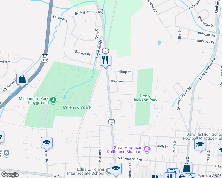 map of restaurants, bars, coffee shops, grocery stores, and more near 722 Maple Avenue in Danville