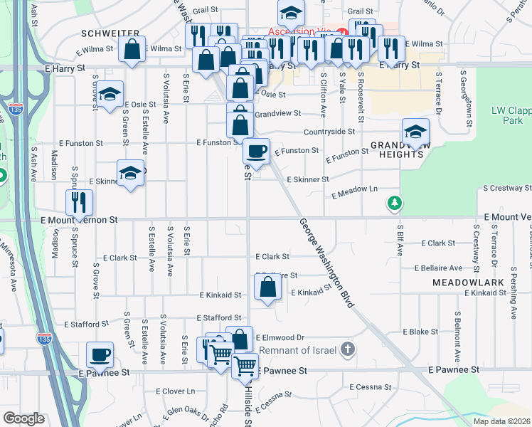 map of restaurants, bars, coffee shops, grocery stores, and more near 3304 East Mount Vernon Street in Wichita