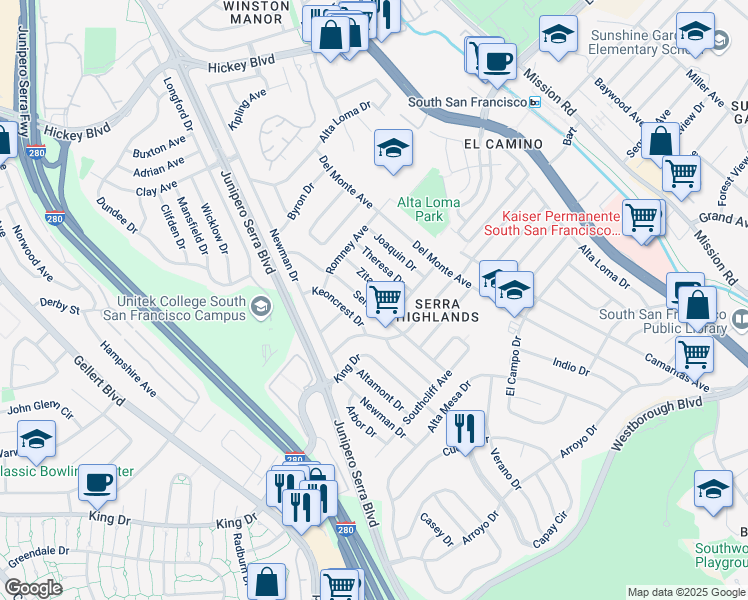 map of restaurants, bars, coffee shops, grocery stores, and more near 540 Serra Drive in South San Francisco